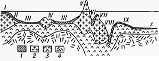Схематический обобщённый профиль переходной зоны: 1 - осадки; 2 метаморфические и кислые породы (гранитный слой); 3 - базальтовый слой; 4 - верхняя мантия. Элементы рельефа: I - шельф; II - материковые склон и подножие; III - дно котловины окраинного моря; IV - внутреннее поднятие; V -островная дуга внутренняя; VI - продольная депрессия; VII - островная дуга внешняя; VIII - глубоководный жёлоб; IX - окраинный океанический вал; X - дно океанической котловины