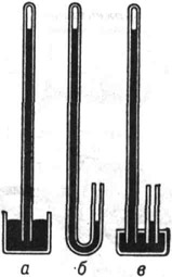 Типы ртутных барометров: а - чашечный; б - сифонный; в - сифонно-чашечный