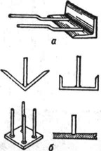 Закладные детали: а - из уголкрвоЙ стали с двумя изогнутыми анкерными стержнями; б - из сортового проката с прямыми анкерными стержнями