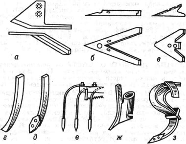 К ст. Лапа культиватора: а - плоскорежущая (бритва); б - стрельчатая плоскорежущая; в - стрельчатая универсальная; г - долото; д - оборотная; е - пружинные зубья; ж - подкормочный нож; з - копьевидная