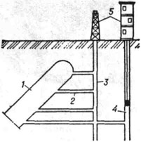 Схема подземной разработки месторождения: 1 - рудное тело; 2 - квершлаг; 3 - клетьевой подъём; 4 - скиповой подъём; 5 - копры