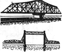 К ст. Разводной мост. Вверху - двукрылый поворотный мост в открытом положении; внизу - вертикально-подъёмный мост в поднятом состоянии