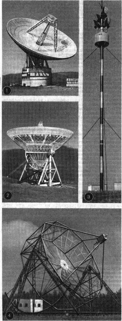 К ст. <strong></a></div>Антенна</strong>. 1. Двухзеркальная параболическая антенна дальней связи. 2,4. Антенны радиотелескопов. 3. Рупорно-параболические антенны радиорелейной линии связи